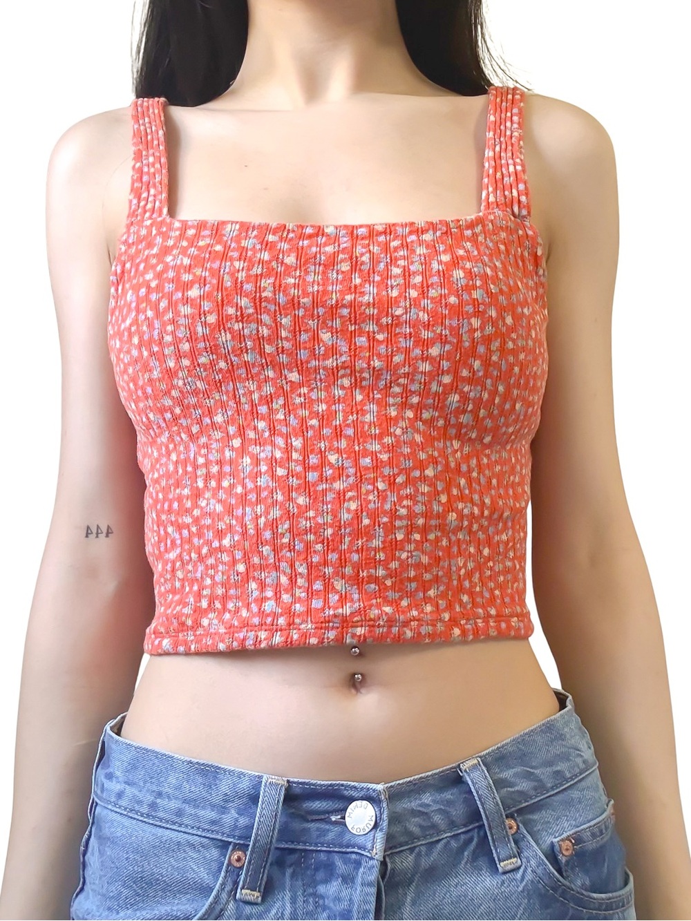 AMERICAN EAGLE Crop Top Tank Square Neck Floral Orange Red Cotton Size XS EUC